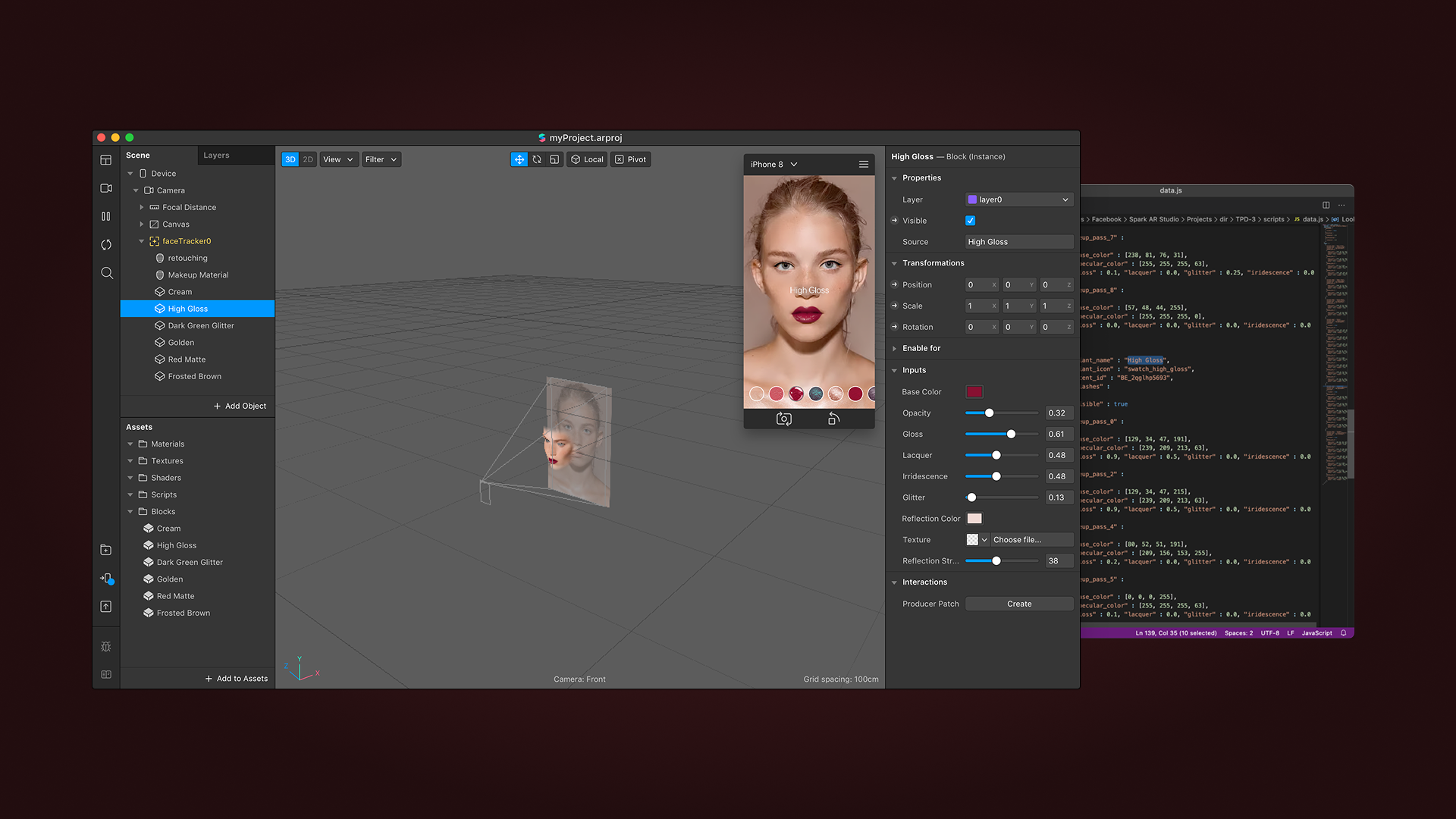 Spark AR Studio showing makeup material controls, a face preview, and supporting code