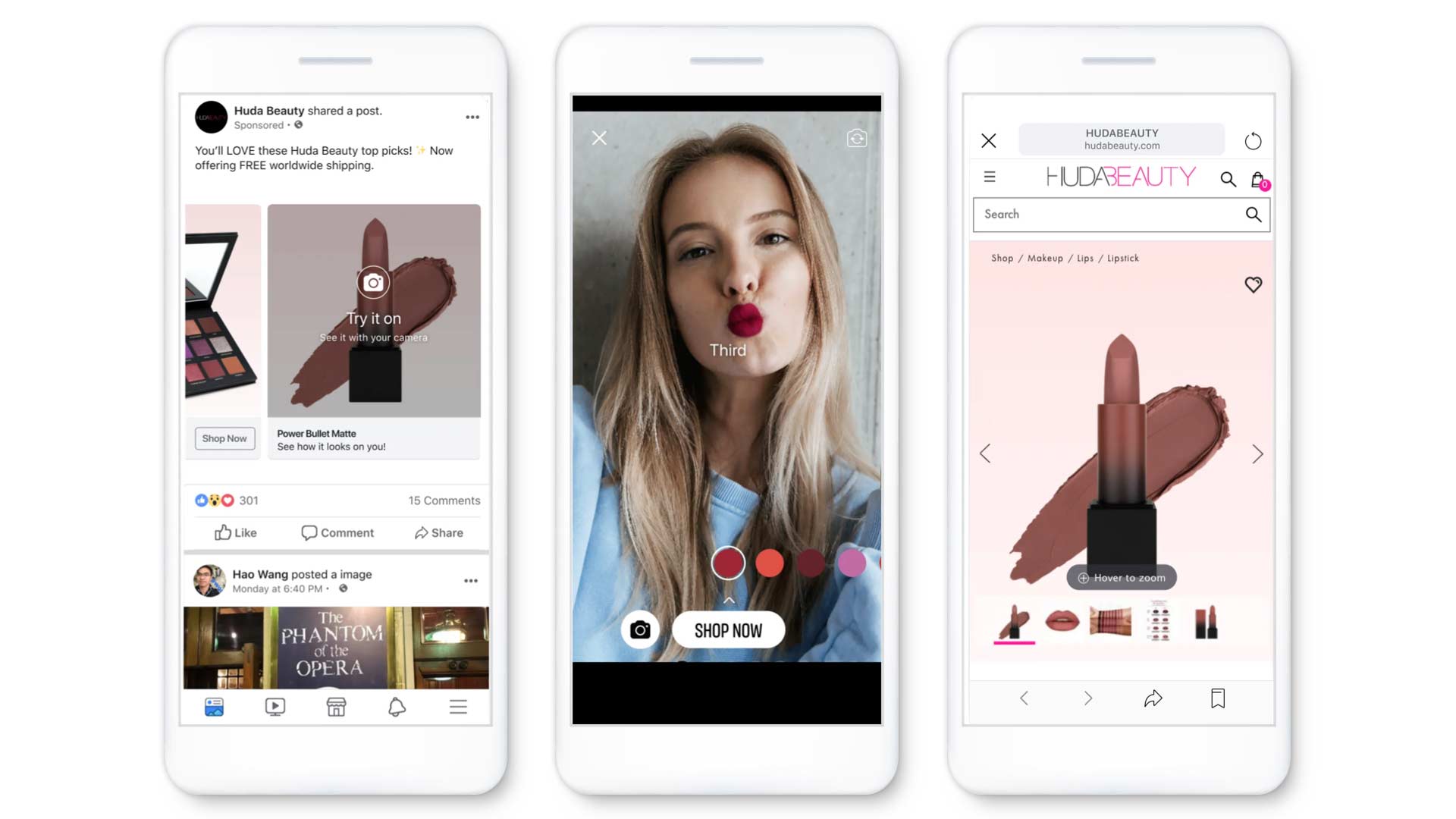 Huda Beauty shopping journey from a Facebook ad to AR lipstick try-on and product purchase