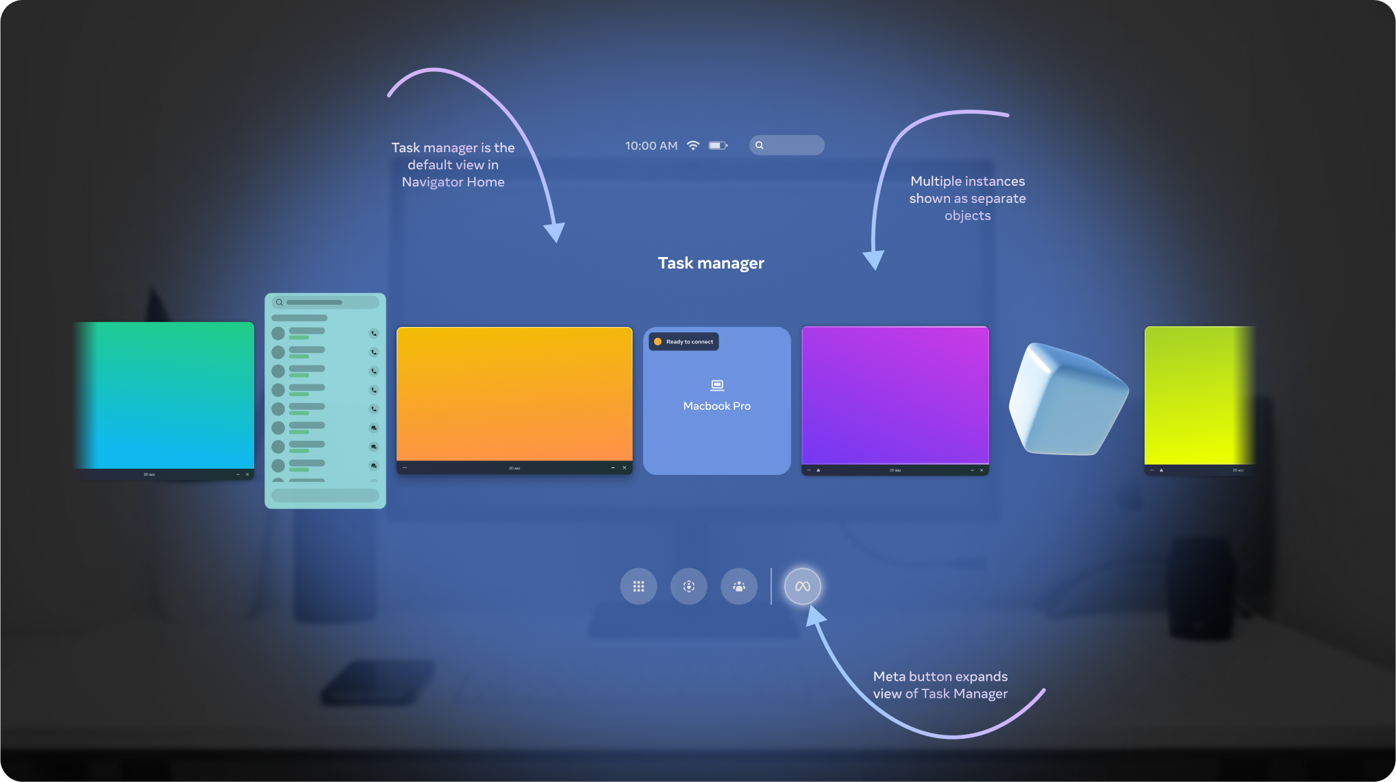 HorizonOS task manager concept showing multiple app windows and a connected MacBook in Navigator Home