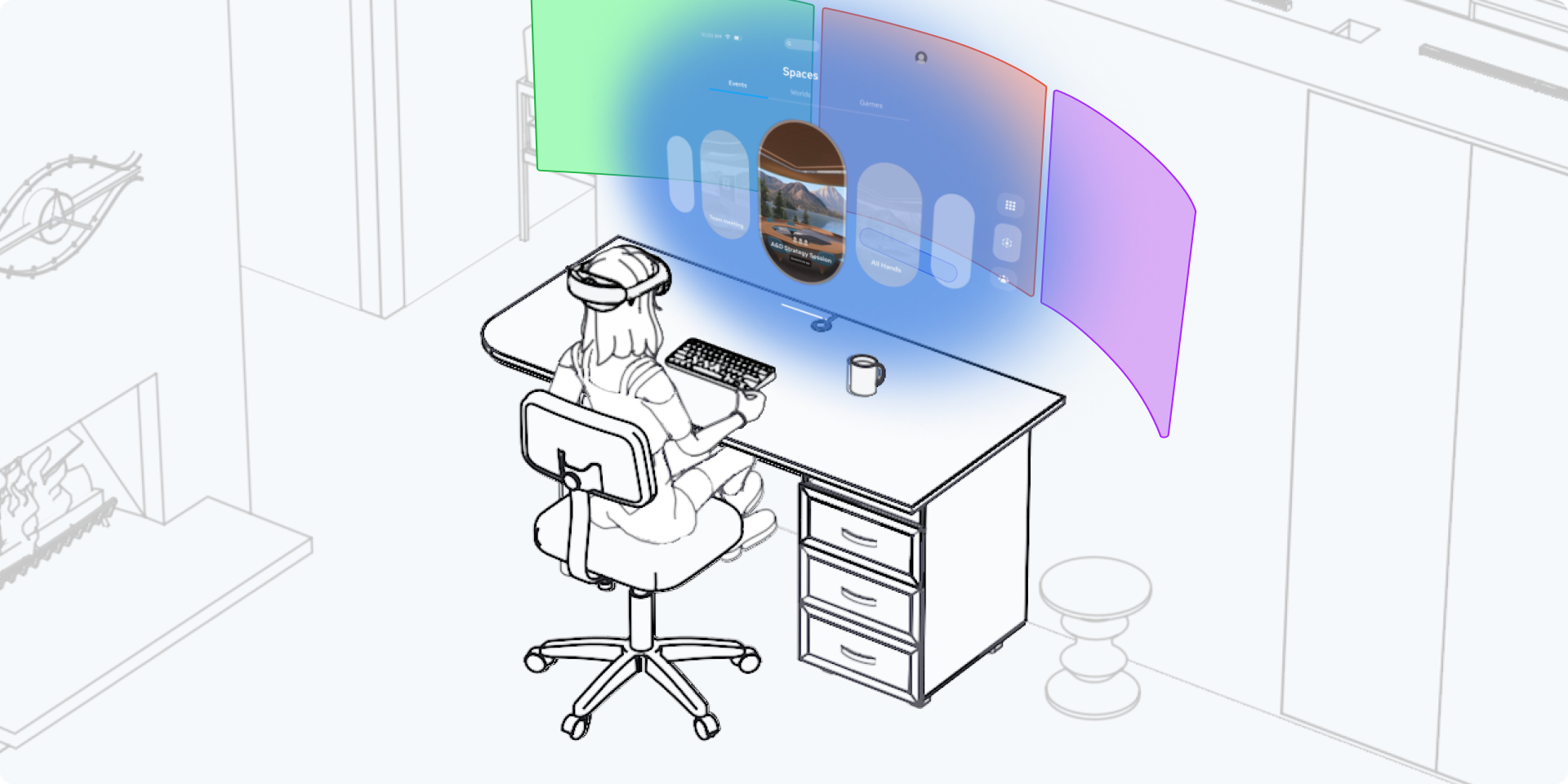Workspace concept showing a person using a headset and keyboard with spatial navigation panels