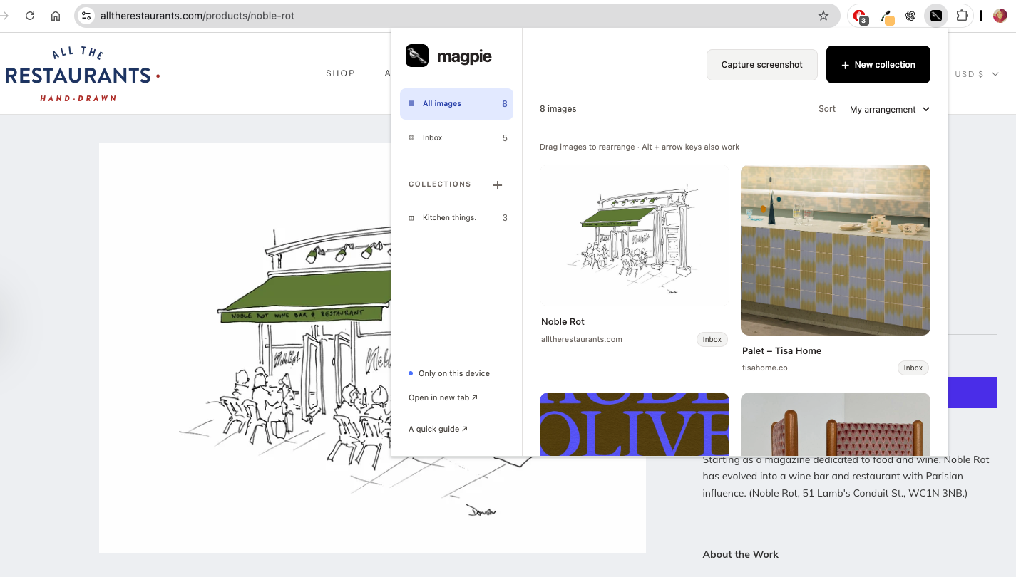 Magpie browser extension collecting visual inspiration while browsing a restaurant illustration