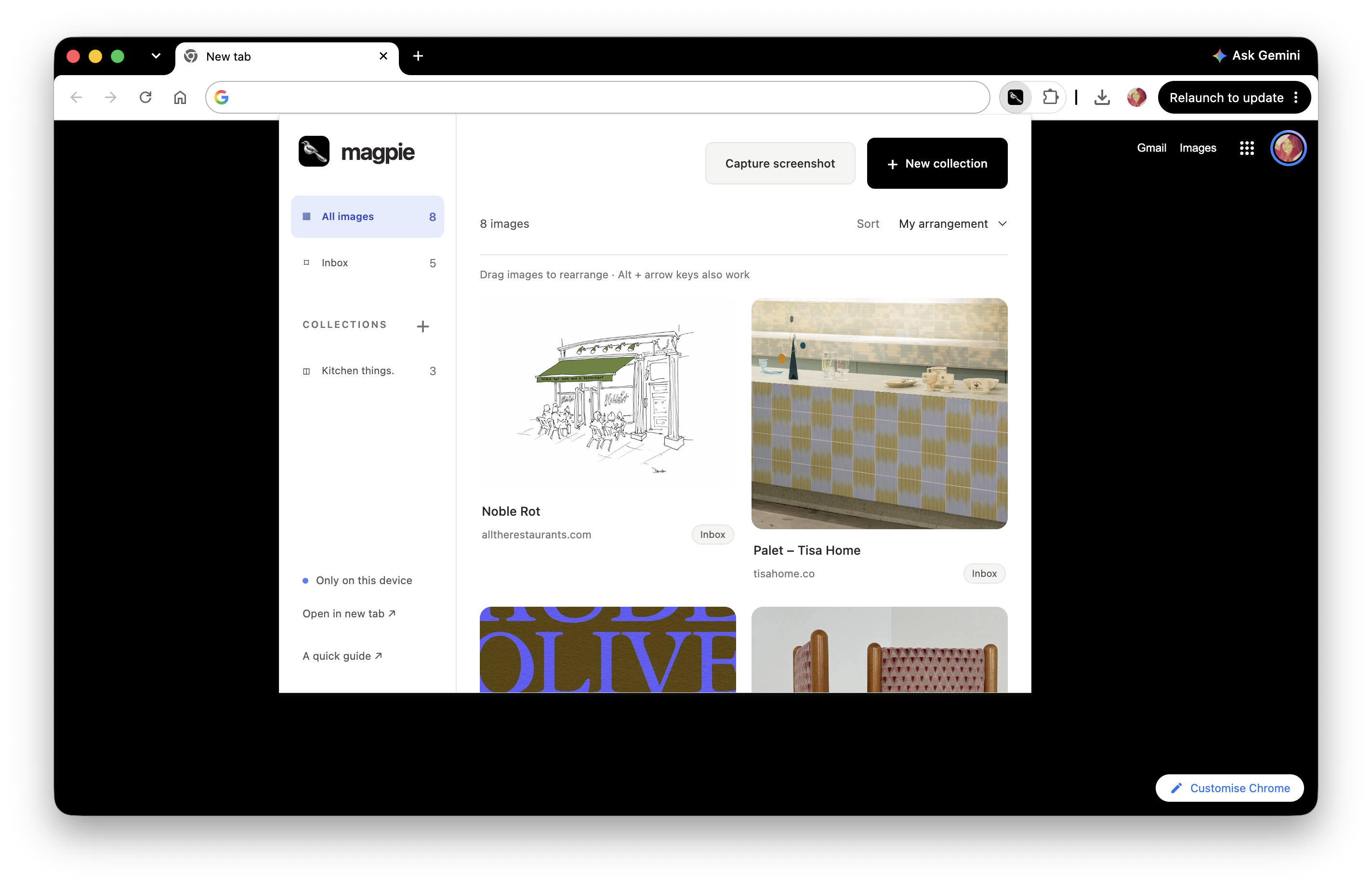 Magpie image library with collections, saved sources, and rearrangeable image cards