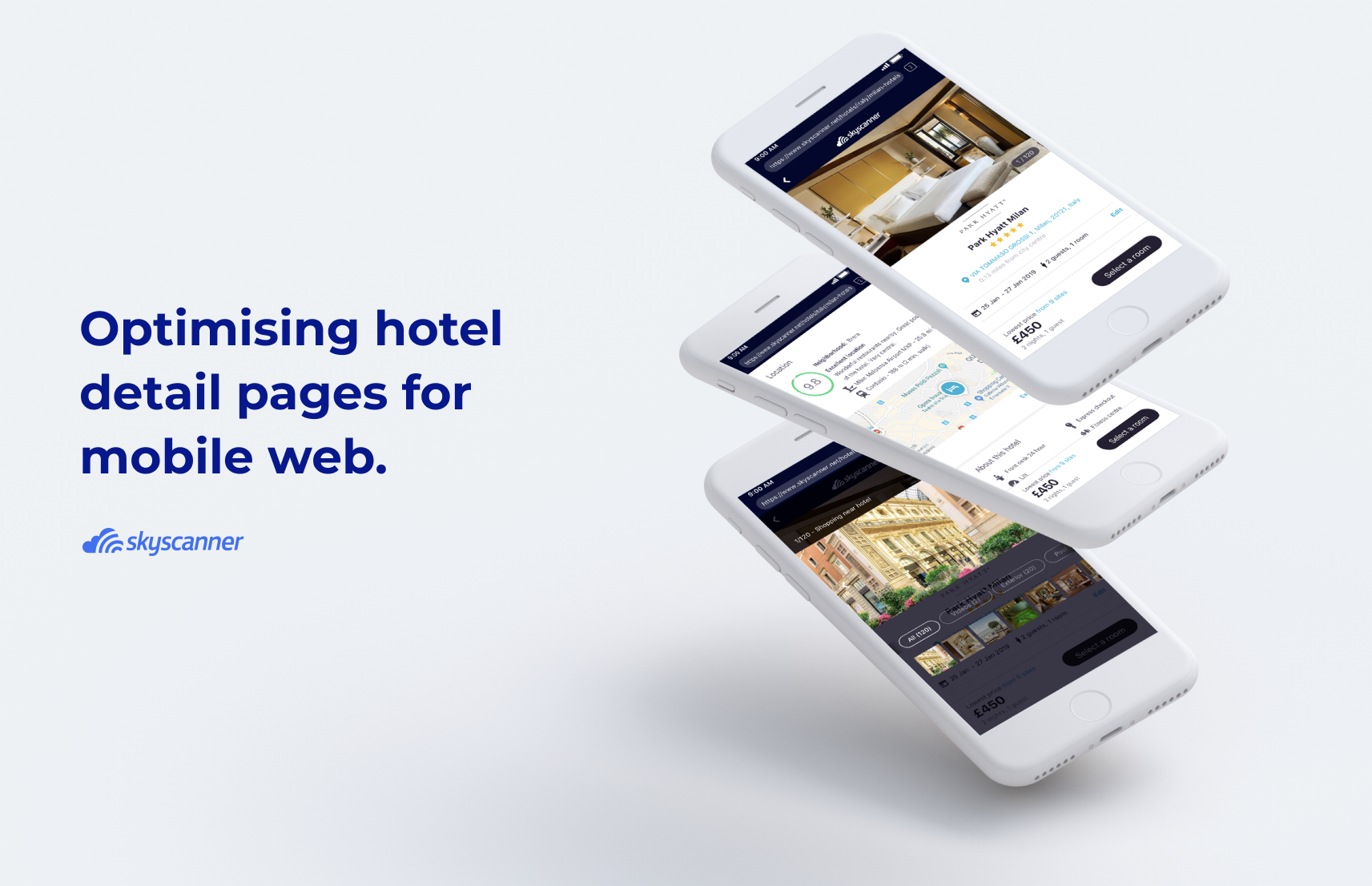 Skyscanner mobile web hotel detail pages shown on three phones