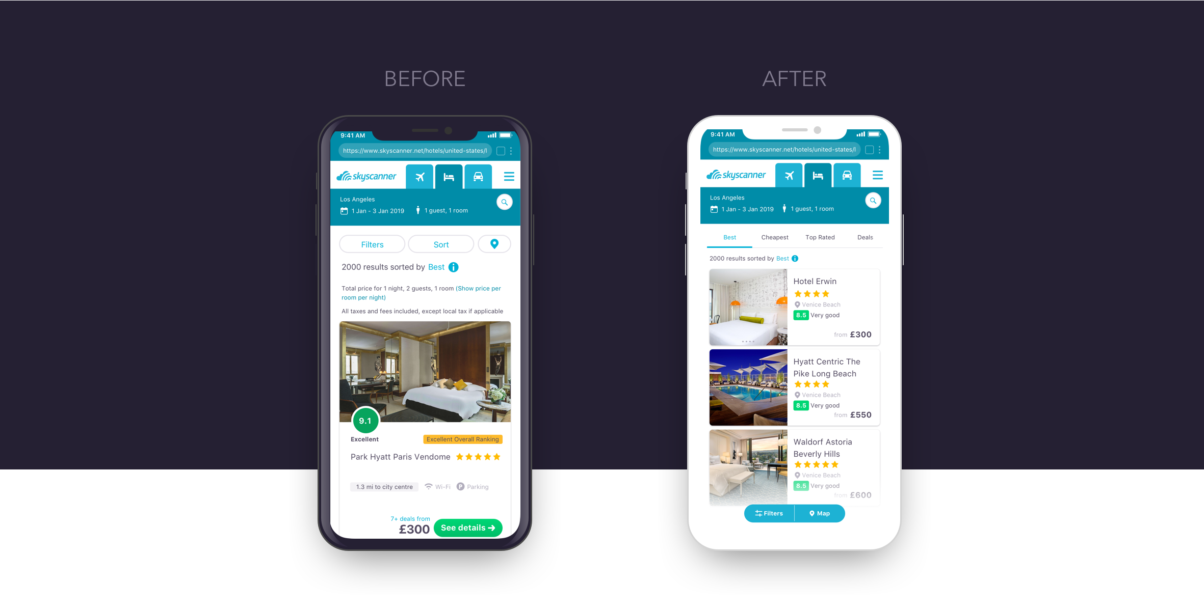 Before and after comparison of Skyscanner mobile hotel search results, with more visible hotels and filters and map controls