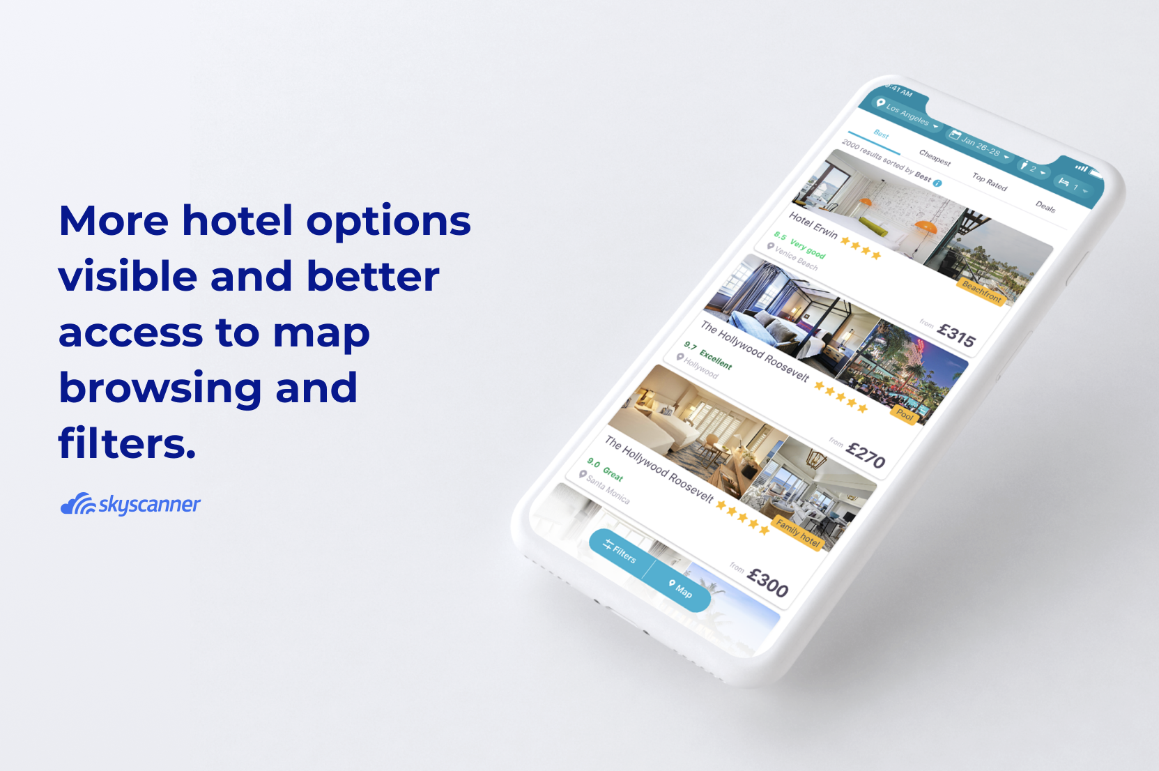 Skyscanner mobile hotel search with access to filters and map browsing