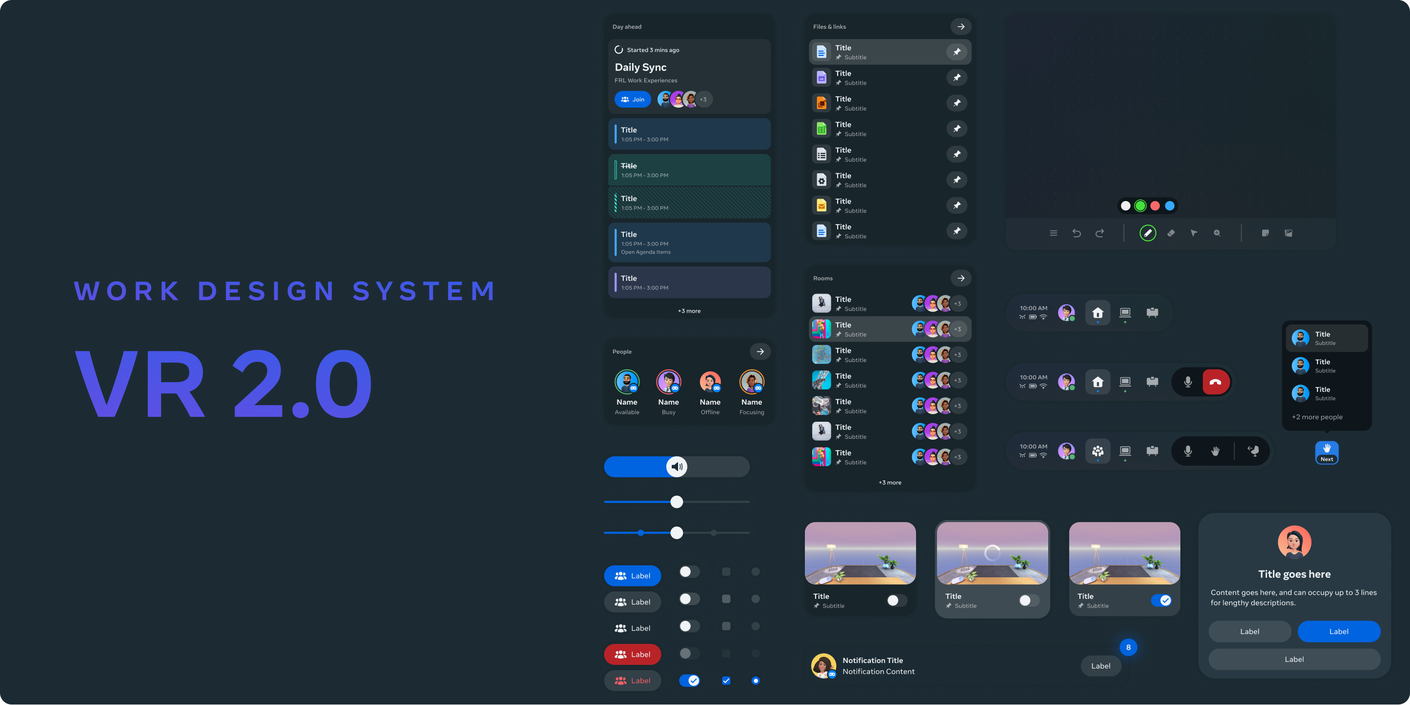 Workrooms VR 2.0 design system with navigation, meetings, people, and interface components